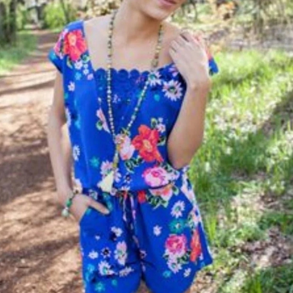 Matilda Jane Out and About Blue Floral Romper Size: S